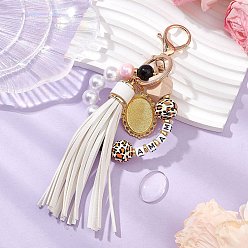 Белый Акриловый брелок, с деревянных бусин, брелок из сплава с застежкой и кисточкой из искусственной кожи, большие подвески, белые, 175 мм