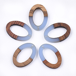 Light Sky Blue Resin & Walnut Wood Pendants, Oval, Light Sky Blue, 28.5x19.5x3~4mm, Hole: 1.8mm