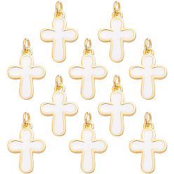 White 10Pcs Brass Enamel Pendants, Cross Charms, with Real 18K Gold Plated and Jump Ring, Lead Free & Cadmium Free, White, 18x13x2mm, Jump Ring: 5x0.9mm, 3.4mm Inner Diameter.
