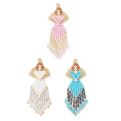 Mixed Color 3Pcs 3 Colors Glass Seed Beaded Angel Pendants, with Glass & Tassels, Mixed Color, 67x24x4mm, Hole: 2.5mm, 1pc/color