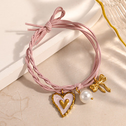 Pink 304 Браслеты из нержавеющей стали с эмалью и подвесками из смолы, регулируемые женские браслеты из плетеного шнура из полиэстера, сердце и лук, розовые, внутренний диаметр: 1.97 дюйм (5 см)