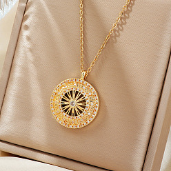Золотой Элегантные латунные ожерелья с подвеской в форме колеса с микропаве из прозрачных кубических цирконий для женщин, идеально подходит для повседневной носки, золотые, 15.75 дюйм (40 см)