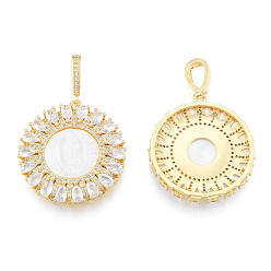 Creamy White Brass Micro Pave Clear Cubic Zirconia Pendants, with Shell, Nickel Free, Real 18K Gold Plated, Flower with Saint, Creamy White, 32x30x5mm, Hole: 4x8mm