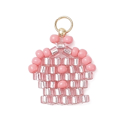 Pink Подвески-короны из стеклянных бусин, с 304 кольцами из нержавеющей стали, реальный 18 k позолоченный, розовые, 16x15x2 мм, отверстие : 3 мм