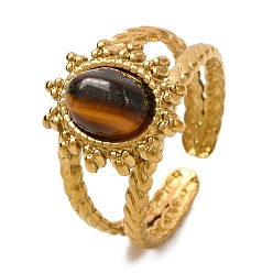 Тигровый глаз Овальные кольца на палец из натурального тигрового глаза, золотистый тон 304 открытые манжеты из нержавеющей стали для женщин, 15 мм, внутренний диаметр: регулируемый