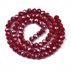 Dark Red Electroplate Glass Beads Strands, Pearl Luster Plated, Faceted, Rondelle, Dark Red, 3.5x3mm, Hole: 0.4mm, about 123~127pcs/strand, 13.7~14.1 inch(35~36cm)