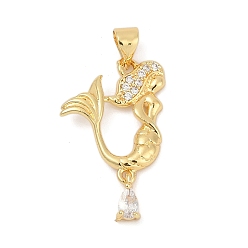 Настоящее золото 18K Латунные микро проложить кубического циркония подвески, русалка, без свинца и без кадмия, долговечный, стойки покрытие, реальный 18 k позолоченный, 26x15.5x2 мм, отверстие : 5.5x3.5 мм