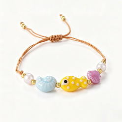 Jaune Bracelets d'été pour femmes, en porcelaine faite main, en forme de coquillage de poisson, avec perles tressées en plastique et perles de mer., jaune, 11.81 pouce (30 cm)