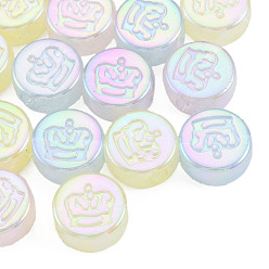 Mixed Color Rainbow Iridescent Plating Acrylic Beads, Glitter Beads, Flat Round with Crown, Mixed Color, 12.5x6mm, Hole: 3.5mm