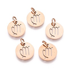 Дева 304 прелести нержавеющей стали, плоский круглый с созвездием / знак зодиака, розовое золото , Дева, 12x1 мм, отверстие : 3 мм