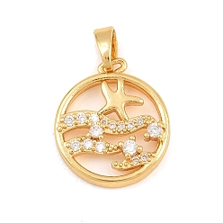 Clear Summer Brass Micro Pave Cubic Zirconia Pendants, Flat Round with Starfish Charms, Golden, Clear, 17x15x4mm, Hole: 5x2mm