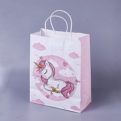 Plum Rectangle Paper Bags, with Handles, Gift Bags, Shopping Bags, Unicorn Pattern, for Baby Shower Party, Plum, 21x15x8cm