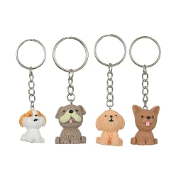Mixed Color Resin Dog Charms Keychain, with Iron Ring, Mixed Color, 8.2~8.4cm, 4pcs/set