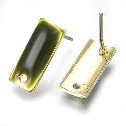 Dark Green Alloy Stud Earring Findings, with Loop, Enamel and Steel Pins, Rectangle, Light Gold, Dark Green, 14x6mm, Hole: 1.2mm, Pin: 0.7mm