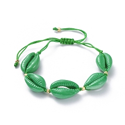 Sea Green Adjustable Braided Bead Bracelets, with Spray Paint Cowrie Shell Beads, Golden Plated Brass Beads and Nylon Thread, Sea Green, 3.5~9.6cm