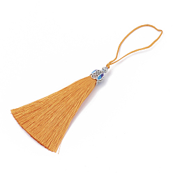 Orange Nylon Tassel Big Pendant Decorations, with Enamel and Alloy Findings, Platinum, Orange, 80~84x10.5~11mm