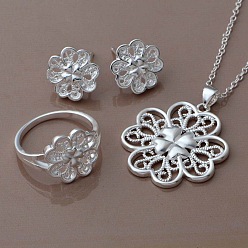 Клевер Латунное ожерелье с подвеской, серьга-гвоздик и кольцо, 925 серебро покрытием, клевер, 450мм и 14x14мм и 18мм