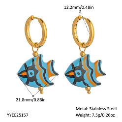 Fish 304 Stainless Steel Hoop Earrings, Handmade Procelain Dangle Earrings for Women, Golden, Fish, 21.8mm