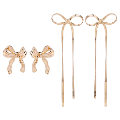 Golden 2 Pairs 2 Styles Brass Stud Earrings, Bowknot, Golden, 28~91x23.5~31.5mm, 1pair/style