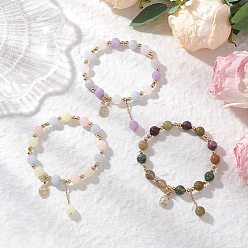 Mixed Stone 3Pcs Natural Aquamarine & Rose Quartz & Amethyst & Indian Agate & White Jade Imitation Morganite Round Beaded Bracelets, Brass Micro Pave Cubic Zirconia Pineapple Charm Bracelets for Women, Inner Diameter: 2-1/4 inch(5.8cm)