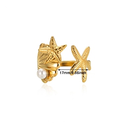 Shell Shape 304 Stainless Steel & Plastic Pearl Cuff Open Rings, Golden, Shell Shape, Inner Diameter: 15~20mm