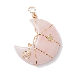 Розовый Кварц Подвески из медной проволоки из натурального розового кварца, луна со звездными чарами, золотые, 44.5x35x11.5 мм, отверстие : 4 мм