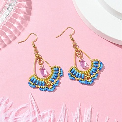 Озёрно--синий Стеклянные бусины ручной работы и стеклянные подвесные серьги, с 304 нержавеющей стали серьги крючки, цветок-слеза, золотые, Плут синий, 61x34.5 мм