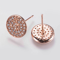 Розовое Золото Латунь микро проложить кубическую циркониевую серьгу, плоско-круглые, розовое золото , 10x1 мм , штифт: 0.8 мм