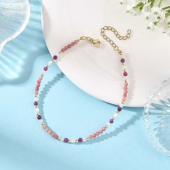 Rhodonite Natural Rainbow Moonstone & Rhodonite & Ruby Faceted Round and Potato Natural Pearl Beaded Anklets, Golden, 8-5/8 inch(220mm)