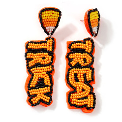 Оранжевый Серьги-гвоздики ручной работы из стеклянного бисера на Хэллоуин, слово, платина, оранжевые, 80~85x25 мм