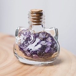 Amethyst Cat Glass Wishing Bottle Display Decorations , with Natural Amethyst Chips Inside for Home Office Desk, 38x35mm