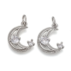 Real Platinum Plated Brass Micro Pave Clear Cubic Zirconia Charms, with Jump Rings, Long-Lasting Plated, Moon, Real Platinum Plated, 14x13x3mm, Hole: 3mm