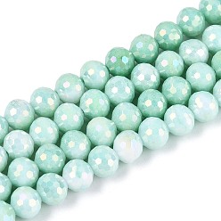 Аквамарин Антикоррозийные гальванические стеклянные бусины, круглые, имитация драгоценных камней, граненый(96 граненый), аквамарин, 8 мм, отверстие : 1~1.2 мм, около 54~55 шт / нитка, 14.96~15.35 дюйм (38~39 см)