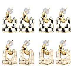 (52) Непрозрачная лаванда 4 пары 2 цвета сплава эмаль висячие серьги-гвоздики, прямоугольник с рисунком тартана, золотые, разноцветные, 22x14.5 мм, 2 пары / цвет