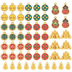 Golden 60Pcs 6 Styles Alloy Enamel Pendants, Gourd Charms, Golden, 13~20x7.5~12.5x1.5~5mm, Hole: 1.5~5mm