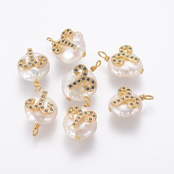 Aries Natural Cultured Freshwater Pearl Pendants, with Brass Micro Pave Cubic Zirconia Findings, Nuggets with Constellation, Golden, Marine Blue, Aries, 17~22x11~16x5~11mm, Hole: 1.6mm