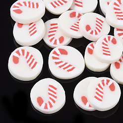 Red Christmas Theme Handmade Polymer Clay Cabochons, Flat Round with Candy Cane, Red, 9~11x2mm, about 4165pcs/1000g