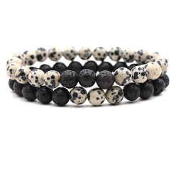 Далматинских Джаспер 2шт. 2 стили браслетов из натурального далматинского яшмы и лавового камня, круглые эластичные бусины для пары, 7.48 дюйм (19 см)