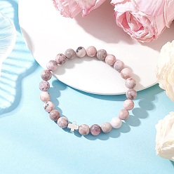 Джаспер Зебра Браслеты из натуральной розовой зебровой яшмы с круглыми бусинами, крестики из сплава для мужчин и женщин, внутренний диаметр: 2-3/8 дюйм (6.1 см)