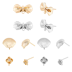 Platinum & Golden 12Pcs 6 Style Brass Stud Earring Findings, with Loop, Flower & Shell & Bamboo & Leaf, Nickel Free, Platinum & Golden, 6.5~25x3~11.5mm, hole: 0.5~1.5mm, Pin: 0.7~1mm, 2pcs/style