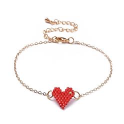 Red Link Bracelets, with Handmade Japanese Seed Beads, Brass Cable Chains & Extension Chains, Heart, Red, 6-7/8 inch(17.5cm)