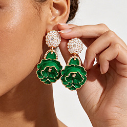 Dark Green Alloy Enamel Stud Dangle Earrings, Flower, Golden, Dark Green, 70x32mm