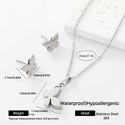 Butterfly 304 Stainless Steel Pendant Necklace & Stud Earrings Set for Women Men, Stainless Steel Color, Butterfly, 450mm, Pendant: 10x17mm