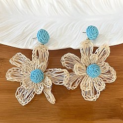 Темно-бирюзовый Серьги-гвоздики из богемской рафии с льном, полукруглый с цветком, темные бирюзовый, 75x60 мм