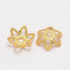 Real 18K Gold Plated Flower Brass Fancy Bead Caps, Lead Free & Nickel Free & Cadmium Free, Real 18K Gold Plated, 7x2mm, Hole: 1mm