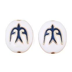Dark Blue Brass Enamel Beads, Oval with Bird Pattern, Real 18K Gold Plated, Dark Blue, 18x15x7.5mm, Hole: 1.8mm