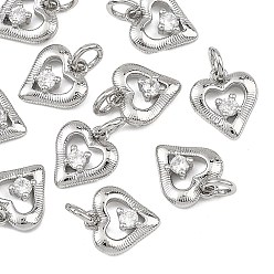 Real Platinum Plated SHEGRACE Brass Clear Cubic Zirconia Charms, Heart Charms, Cadmium Free & Lead Free & Nickel Free, Real Platinum Plated, 9x7.5x2.5mm, Hole: 2.5mm