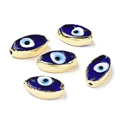 Blue Handmade Lampwork Beads, with Golden Tone Brass Finding, Cadmium Free & Lead Free, Horse Eye with Evil Eye, Blue, 17.5~19x10~10.5x5.5~6.5mm, Hole: 2mm