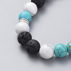 Lava Rock Buddhist Theme Synthetic Turquoise, Natural Lava Rock, Howlite Round Beads Stretch Bracelets, with Tibetan Style Alloy Flat Round Pendants and Beads, Lotus, 2-1/8 inch(5.5cm)