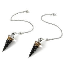 Obsidian Resin Dowsing Pendulum Pendants with Natural Obsidian Chips inside and Iron Chain & Alloy Caps, Cone Charms, 280mm, Hole: 2mm